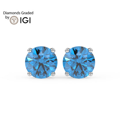 2ct Intense Blue Round Lab Diamond Solitaire Stud Earrings - E/VVS 14K Gold