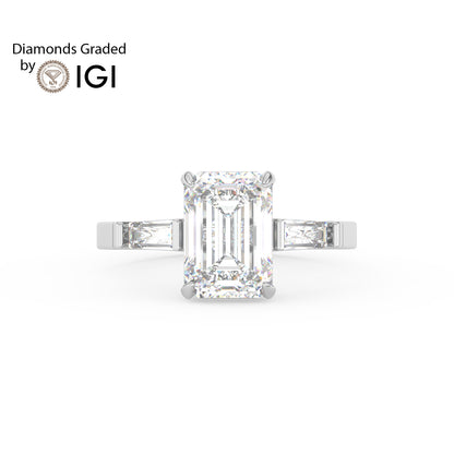 2ct Emerald Lab Diamond Trilogy Ring with Baguette Side Diamonds - E/VVS 14K Gold