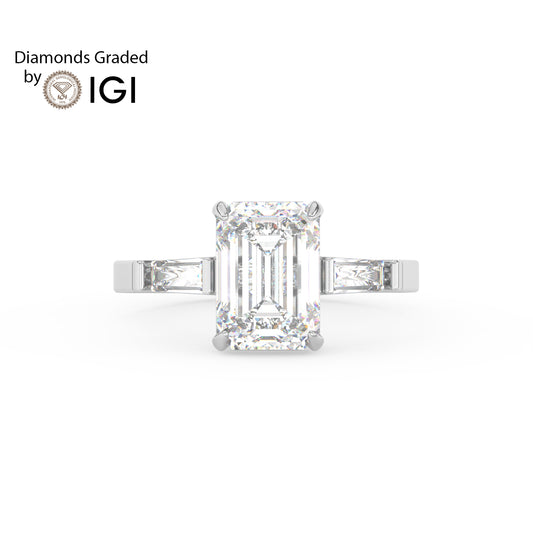 2ct Emerald Lab Diamond Trilogy Ring with Baguette Side Diamonds - E/VVS 14K Gold
