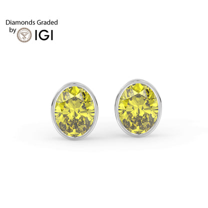 2ct Intense Yellow Oval Lab Diamond Solitaire Stud Earrings - E/VVS 14K Gold