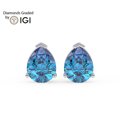 2ct Intense Blue Pear Lab Diamond Solitaire Stud Earrings - E/VVS 14K Gold