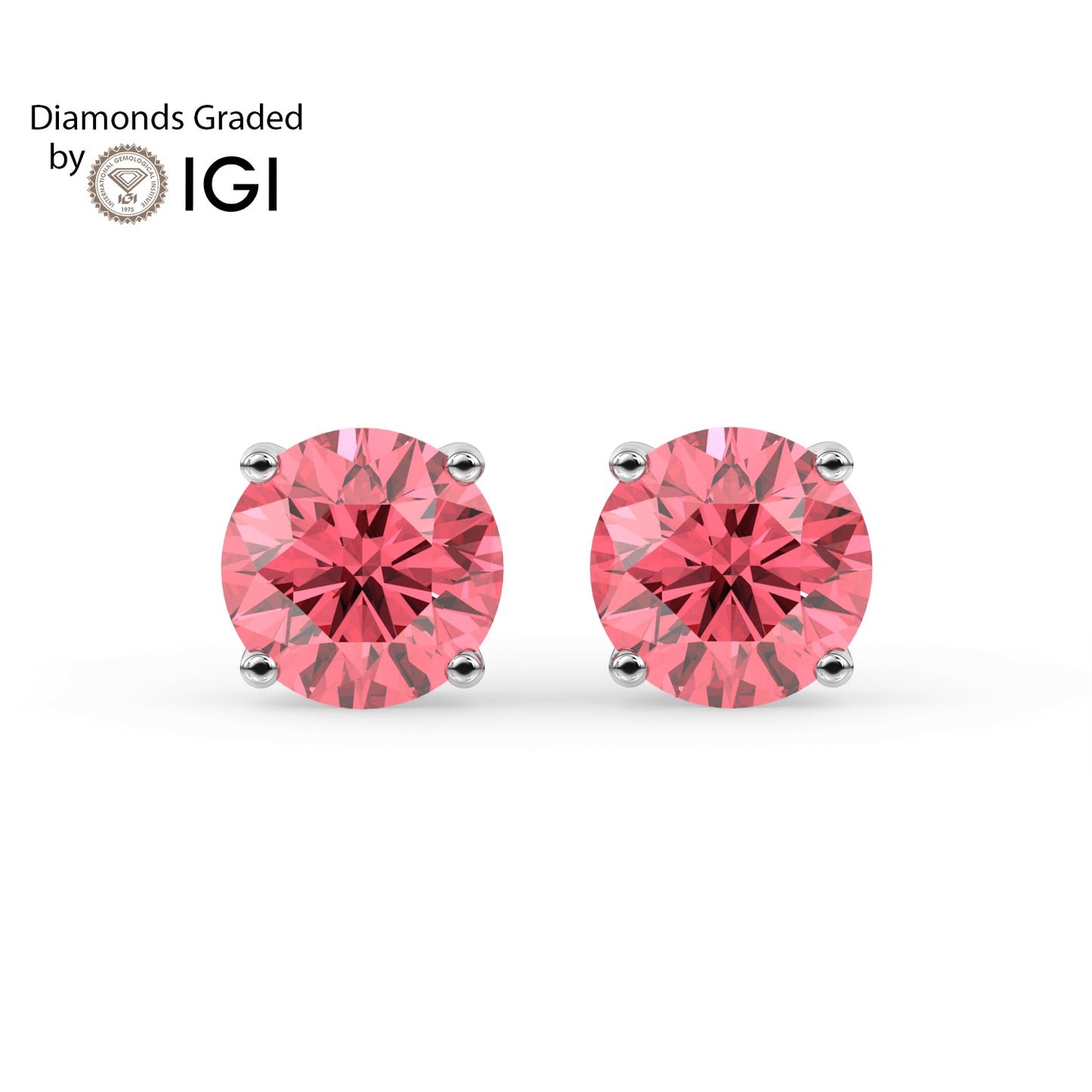 2ct Intense Pink Round Lab Diamond Solitaire Stud Earrings - E/VVS 14K Gold