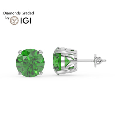 2ct Round Lab Emerald Solitaire Stud Earrings - E/AAA 14K Gold