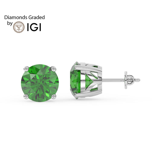 2ct Round Lab Emerald Solitaire Stud Earrings - E/AAA 14K Gold