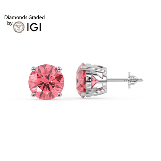 2ct Intense Pink Round Lab Diamond Solitaire Stud Earrings - E/VVS 14K Gold