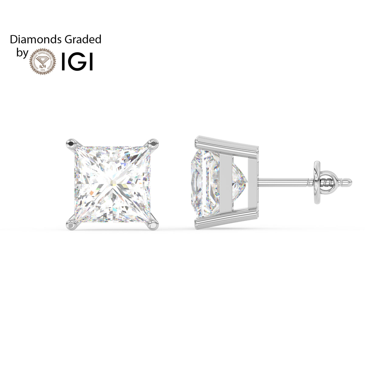 2ct Princess Lab Diamond Solitaire Stud Earrings - E/VVS 14K Gold
