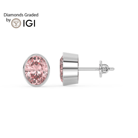 2ct Intense Pink Oval Lab Diamond Solitaire Stud Earrings - E/VVS 14K Gold