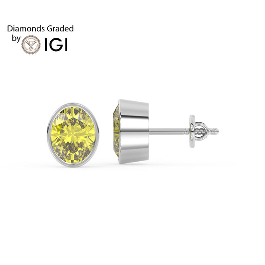 2ct Intense Yellow Oval Lab Diamond Solitaire Stud Earrings - E/VVS 14K Gold