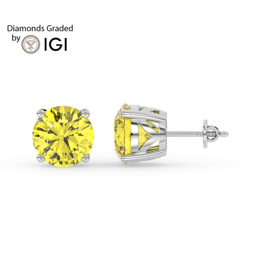 2ct Intense Yellow Round Lab Diamond Solitaire Stud Earrings - E/VVS 14K Gold