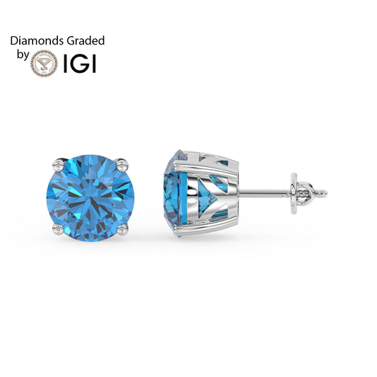 2ct Intense Blue Round Lab Diamond Solitaire Stud Earrings - E/VVS 14K Gold