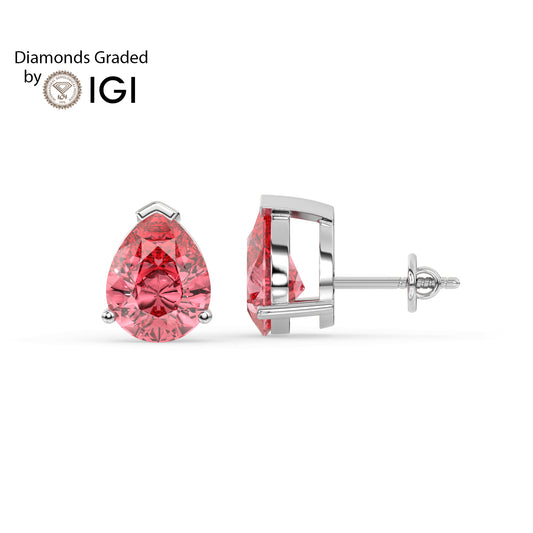 2ct Intense Pink Pear Lab Diamond Solitaire Stud Earrings - E/VVS 14K Gold