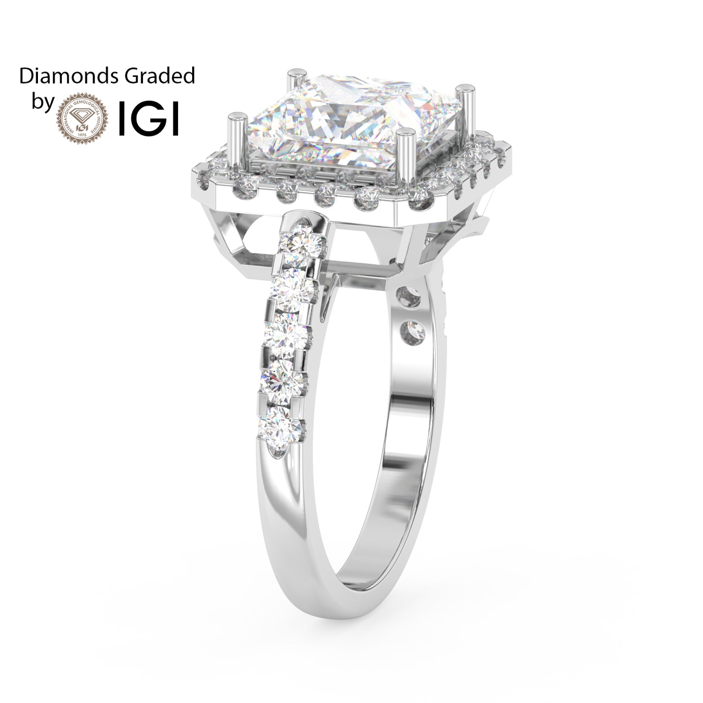 3ct Princess Lab Diamond Halo Engagement Ring - E/VVS 18K Gold
