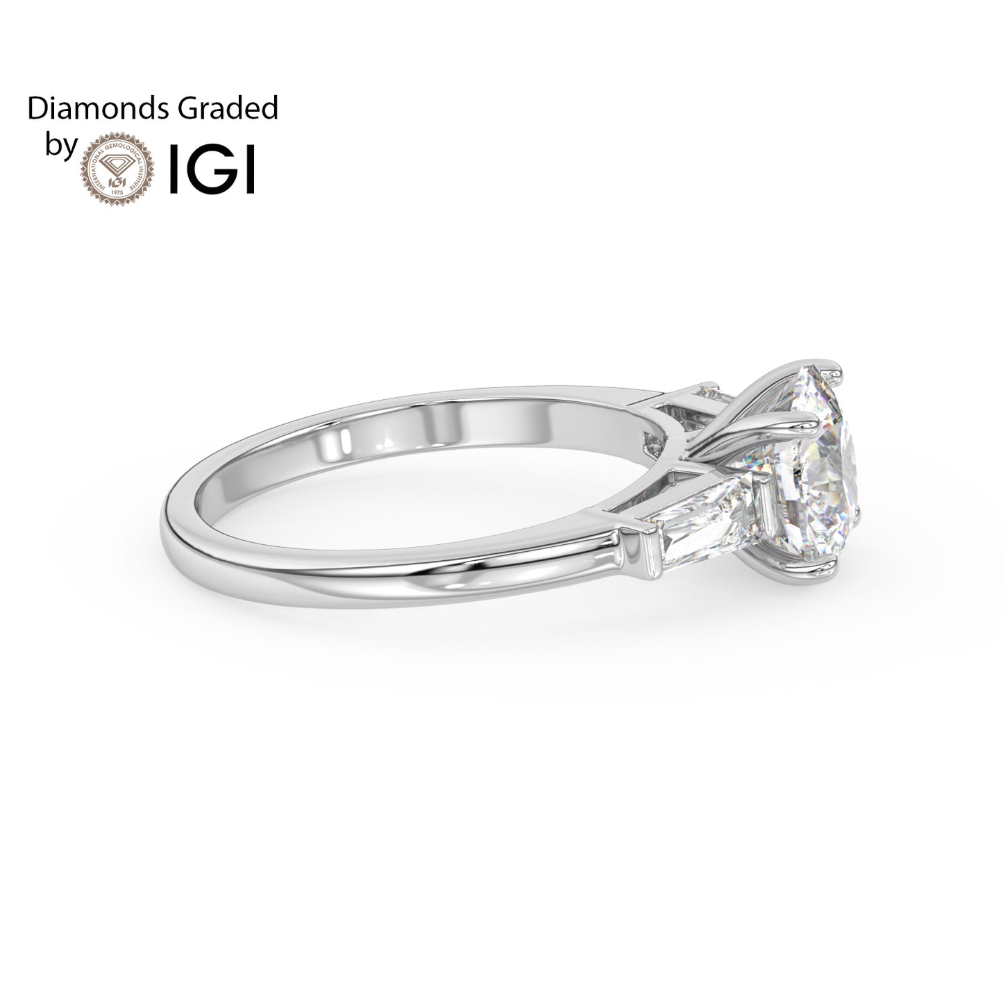 2ct Cushion Lab Diamond Trilogy Ring with Baguette Side Diamonds - E/VVS 18K Gold