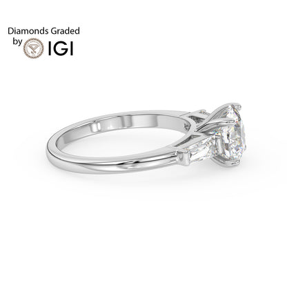 2ct Cushion Lab Diamond Trilogy Ring with Baguette Side Diamonds - E/VVS 18K Gold