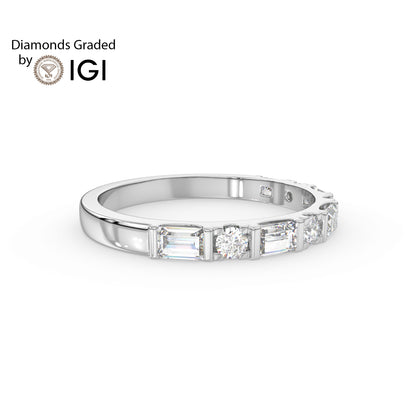 0.82ct Baguette and Round Lab Diamond Half Eternity Wedding Ring - E/VVS 14K Gold