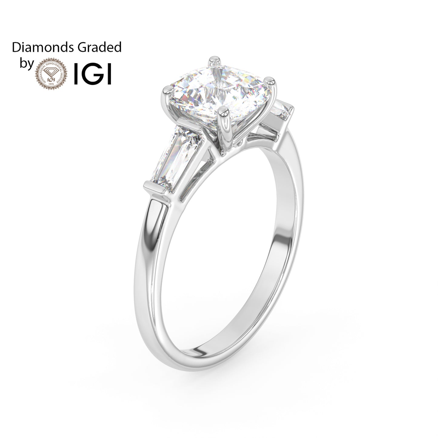 2ct Cushion Lab Diamond Trilogy Ring with Baguette Side Diamonds - E/VVS 18K Gold