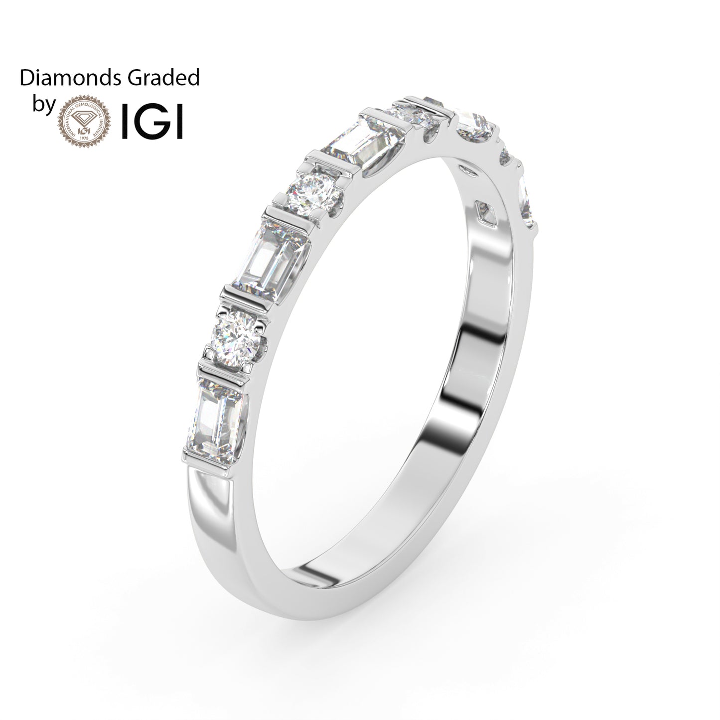 0.82ct Baguette and Round Lab Diamond Half Eternity Wedding Ring - E/VVS 14K Gold