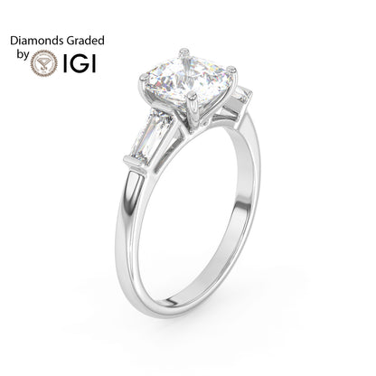 2ct Round Lab Diamond Trilogy Ring with Baguette Side Diamonds - E/VVS 14K