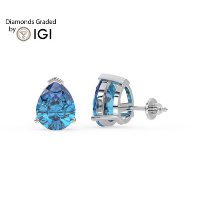 2ct Intense Blue Pear Lab Diamond Solitaire Stud Earrings - E/VVS 14K Gold