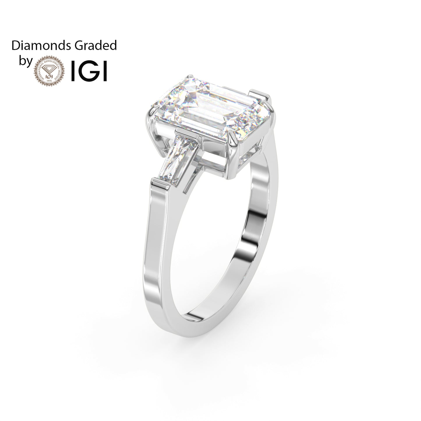 2ct Emerald Lab Diamond Trilogy Ring with Baguette Side Diamonds - E/VVS 14K Gold