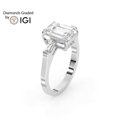 2ct Emerald Lab Diamond Trilogy Ring with Baguette Side Diamonds - E/VVS 14K Gold