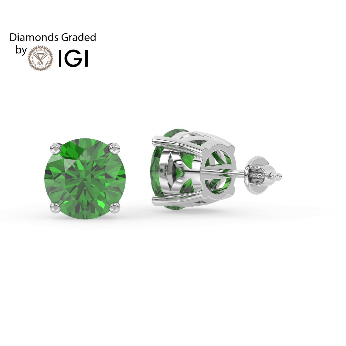 2ct Round Lab Emerald Solitaire Stud Earrings - E/AAA 14K Gold