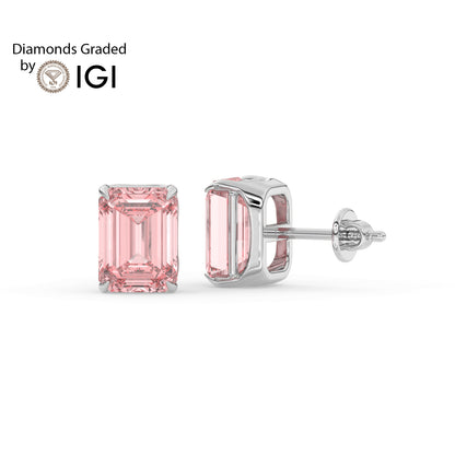 2ct Intense Pink Emerald Lab Diamond Solitaire Stud Earrings - E/VVS 14K Gold