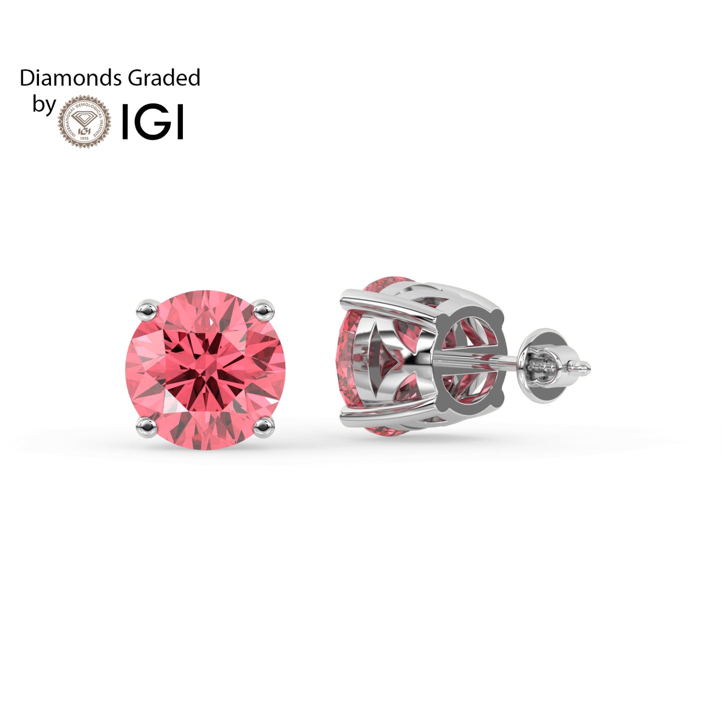 2ct Intense Pink Round Lab Diamond Solitaire Stud Earrings - E/VVS 14K Gold