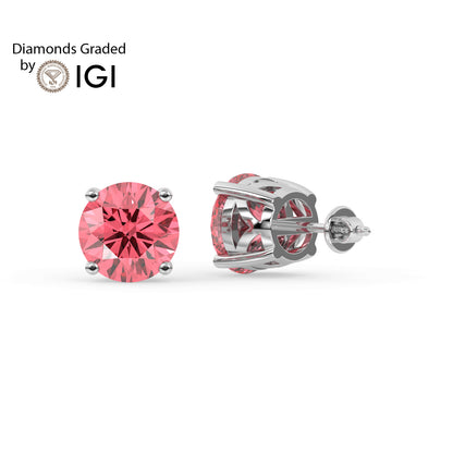 2ct Intense Pink Round Lab Diamond Solitaire Stud Earrings - E/VVS 14K Gold
