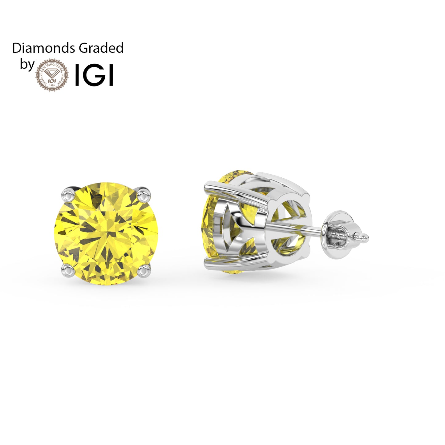 2ct Intense Yellow Round Lab Diamond Solitaire Stud Earrings - E/VVS 14K Gold