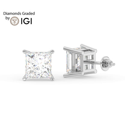 2ct Princess Lab Diamond Solitaire Stud Earrings - E/VVS 14K Gold