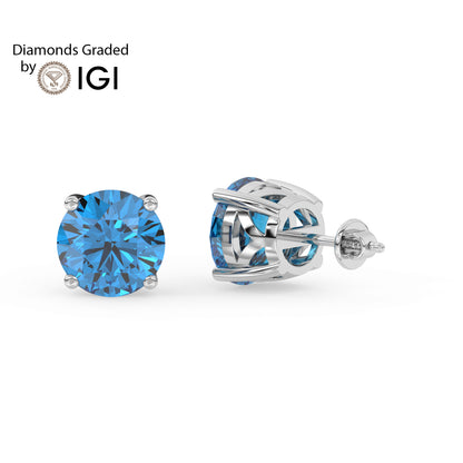 2ct Intense Blue Round Lab Diamond Solitaire Stud Earrings - E/VVS 14K Gold