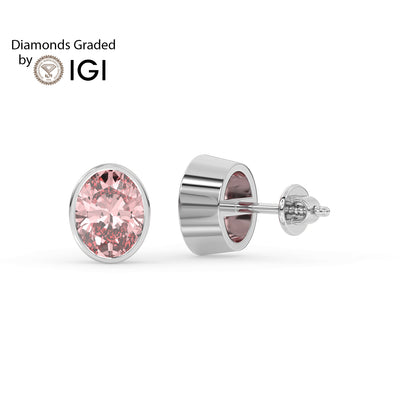 2ct Intense Pink Oval Lab Diamond Solitaire Stud Earrings - E/VVS 14K Gold