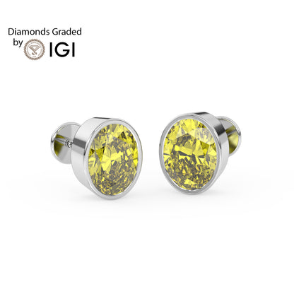 2ct Intense Yellow Oval Lab Diamond Solitaire Stud Earrings - E/VVS 14K Gold