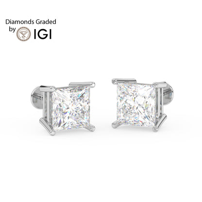2ct Princess Lab Diamond Solitaire Stud Earrings - E/VVS 14K Gold