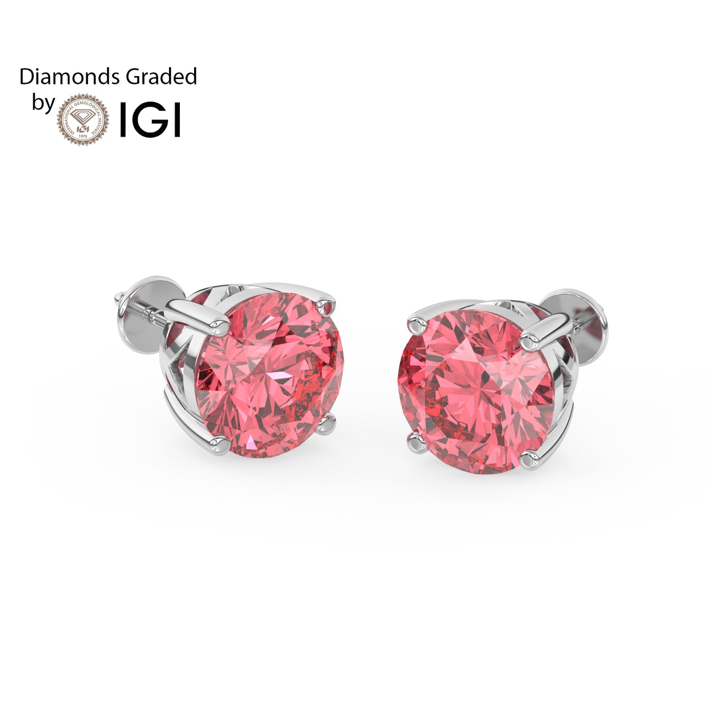 2ct Intense Pink Round Lab Diamond Solitaire Stud Earrings - E/VVS 14K Gold