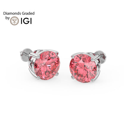 2ct Intense Pink Round Lab Diamond Solitaire Stud Earrings - E/VVS 14K Gold