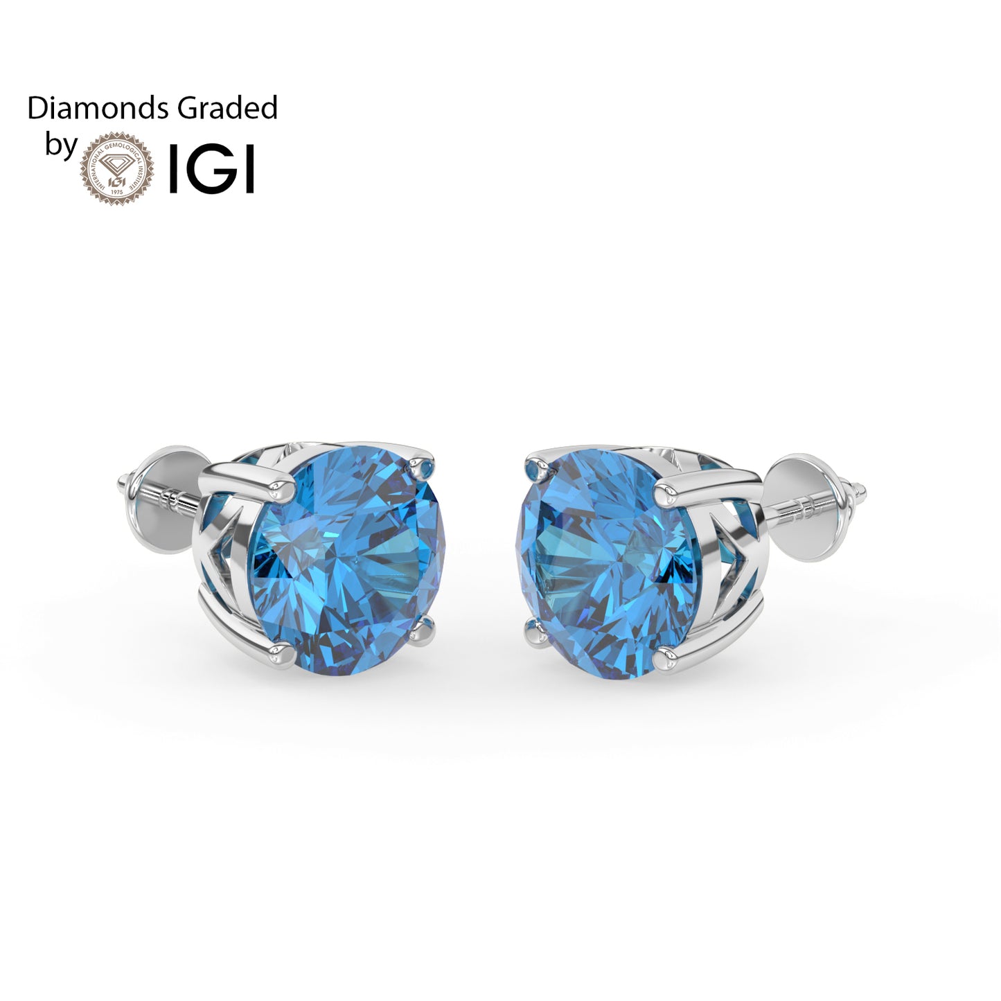 2ct Intense Blue Round Lab Diamond Solitaire Stud Earrings - E/VVS 14K Gold
