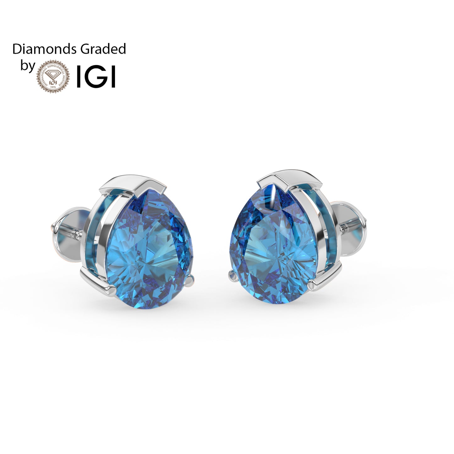 2ct Intense Blue Pear Lab Diamond Solitaire Stud Earrings - E/VVS 14K Gold