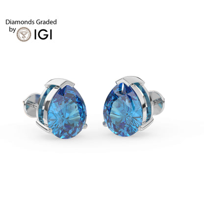 2ct Intense Blue Pear Lab Diamond Solitaire Stud Earrings - E/VVS 14K Gold