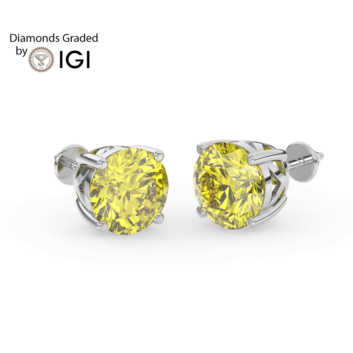 2ct Intense Yellow Round Lab Diamond Solitaire Stud Earrings - E/VVS 14K Gold