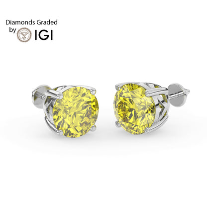 2ct Intense Yellow Round Lab Diamond Solitaire Stud Earrings - E/VVS 14K Gold