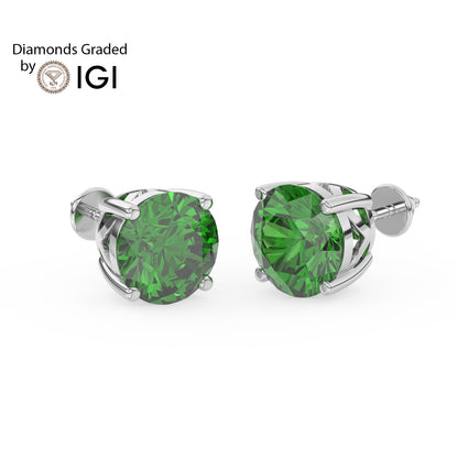 2ct Round Lab Emerald Solitaire Stud Earrings - E/AAA 14K Gold