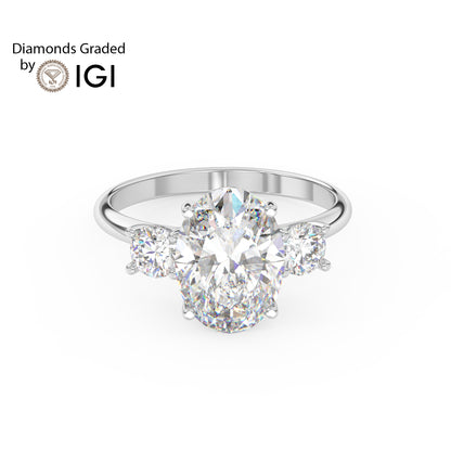 2ct Oval Lab Diamond Trilogy Ring with Round Side Diamonds - E/VVS Platinum