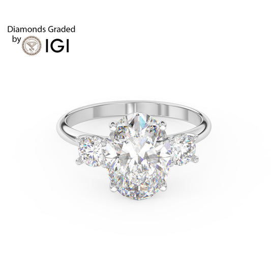 3ct Oval Lab Diamond Trilogy Ring with Round Side Diamonds - E/VVS 18K Gold