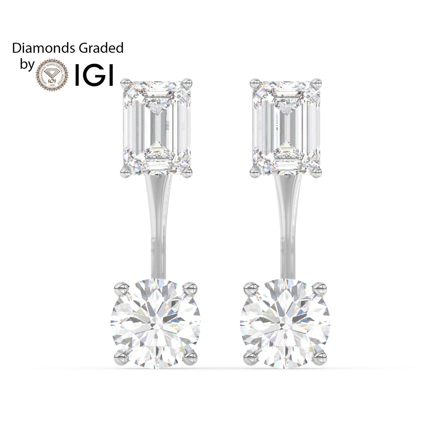 4ct Emerald and Round Drop Lab Diamond Earrings E VVS 18K Gold