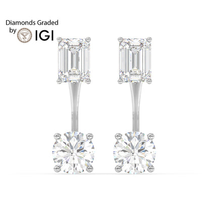 4ct Emerald and Round Drop Lab Diamond Earrings E VVS 18K Gold