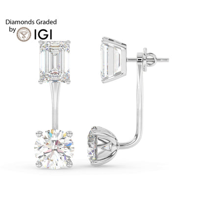4ct Emerald and Round Drop Lab Diamond Earrings E VVS 18K Gold