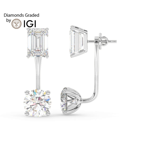 4ct Emerald and Round Drop Lab Diamond Earrings E VVS 18K Gold