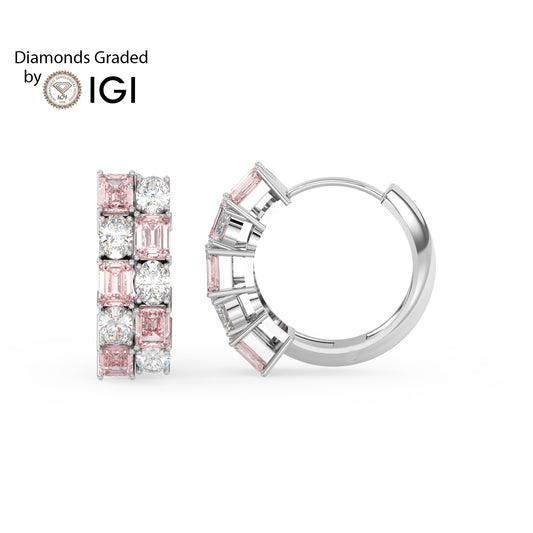 3ct Vivid Pink Oval and Emerald Hoop Lab Diamond Earrings E VVS 18K Gold